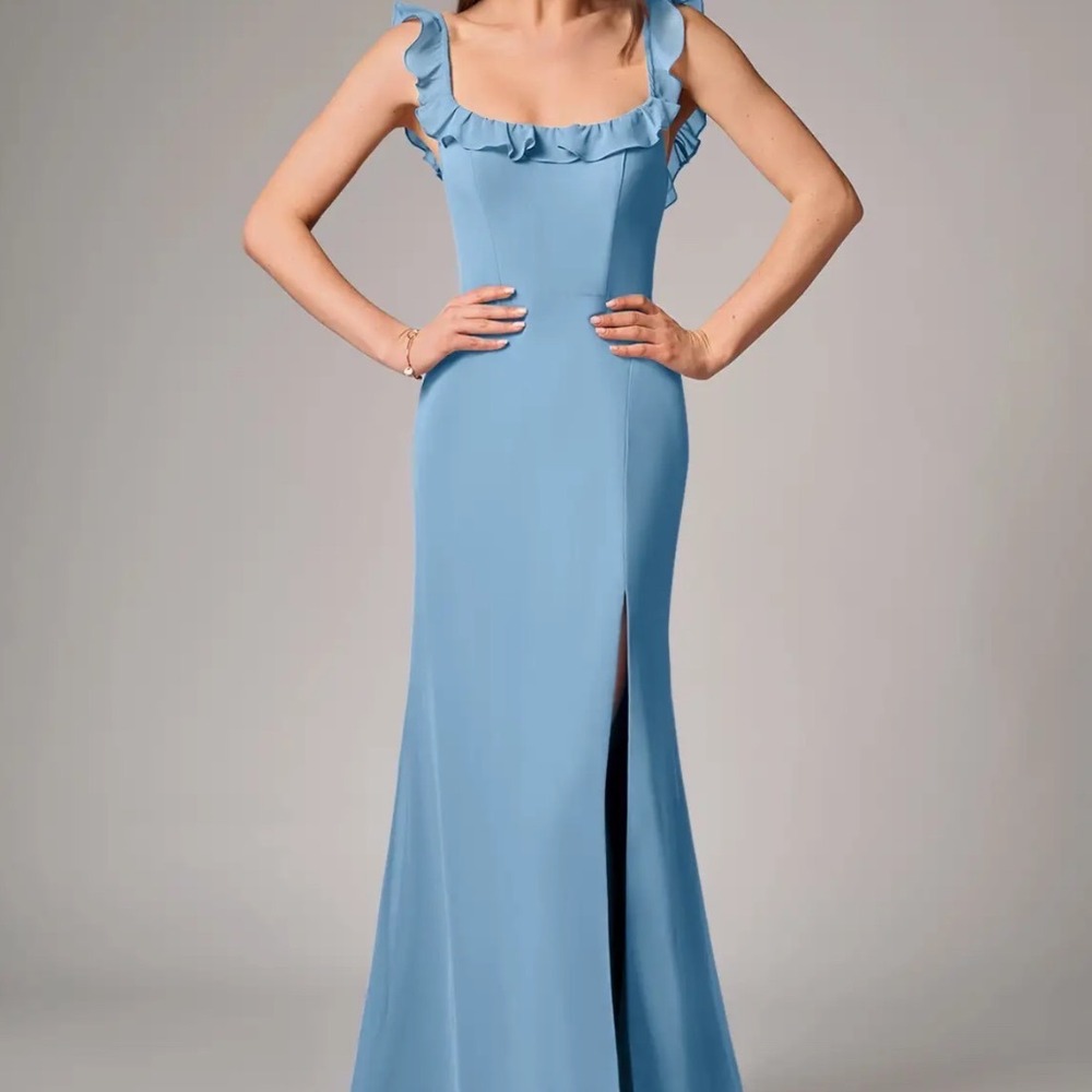Azazie Callie Steel Blue Mermaid Side Slit Chiffon Dress Women's Size C NWT $120